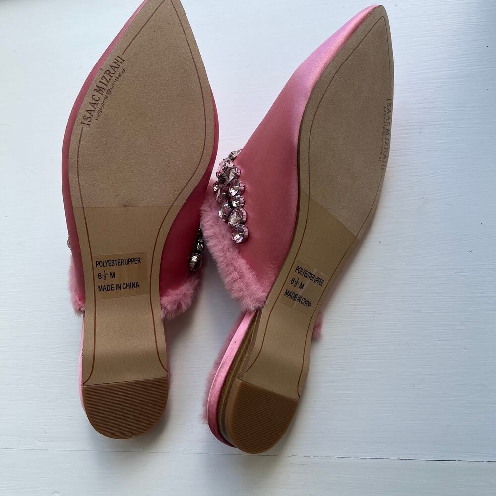 Isaac Mizrahi Live! Embellished Mule Pink 6.5 M Rhinestone Rimmed Faux Fur - Picture 5 of 9